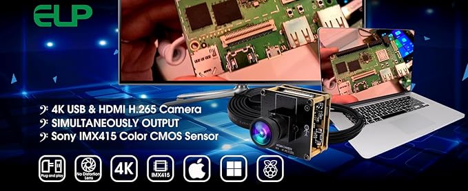 ELP 4K HDMI USB Camera - Wide Angle, 2X Digital Zoom, H.265, 8MP, UVC USB2.0 for Laptop & Monitor