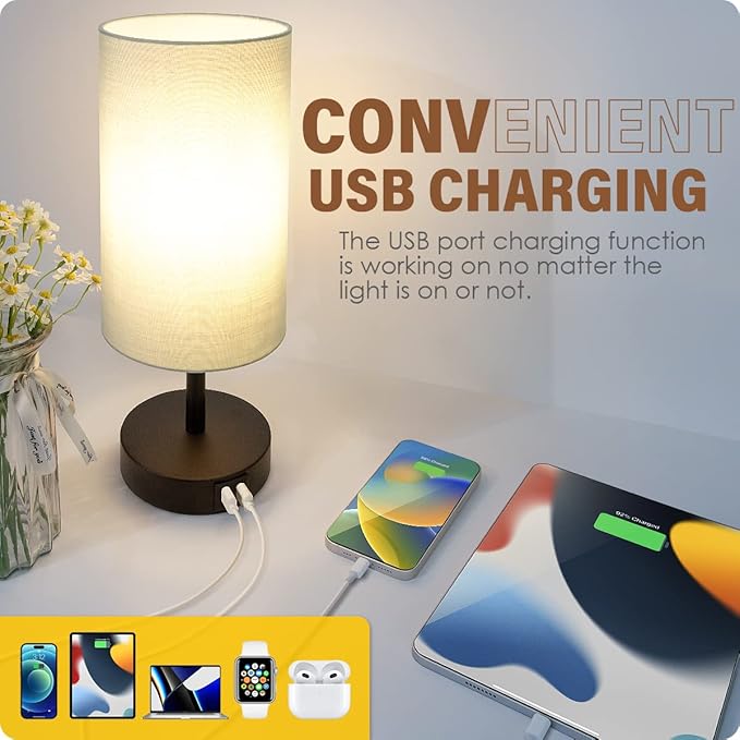 Yarra-Decor Bedside Lamps with USB Port - Touch Control Table Lamp for Bedroom 3 Way Dimmable Nightstand Lamp Set of 2 with Round Grey Fabric Shade for Living Room, Dorm, Home Office (Grey, 2 Pack)