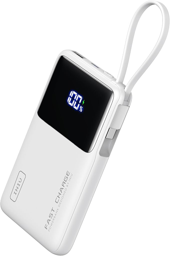 INIU 45W Power Bank, Slimmest 10000mAh Portable Charger with Built in USB-C Cable, Fast Charging USB C in&Out Battery Pack, Travel External Phone Charger for iPhone 17 16 15 Samsung S24 S23 Google etc