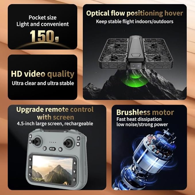 2K Dual Camera Drone with 4.5" LCD Screen Remote (No Phone Needed), Brushless Motor FPV Quadcopter, Under 249g Mini Drone, Foldable Design, 2 Batteries, Optical Flow Stable Hover, Portable for Adults