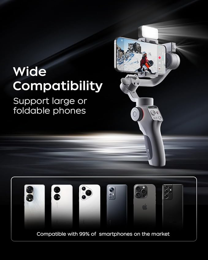 Capture5 Gimbal Stabilizer for Smartphone, Magnetic AI Tracker Fill Light Remote Control 500g Payload, 3-Axis Phone Gimbal for Android & iPhone 16 15 Pro Max for Video Recording（Gray）