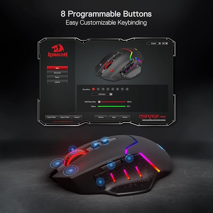 Redragon M690 PRO Wireless Gaming Mouse, 8000 DPI Wired/Wireless Gamer Mouse w/Rapid Fire Key, 8 Macro Buttons, Ergonomic Design for PC/Mac/Laptop