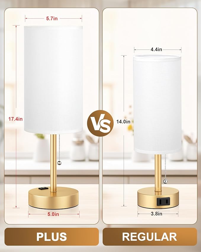 Fenmzee Plus Gold Bedside Lamps Set of 2-3 Color Temperatures Pull Chain Lamp with AC Outlet Charging Port, Round Night Stand Lamps for Bedroom, Bed Side Light with E26 LED Bulbs