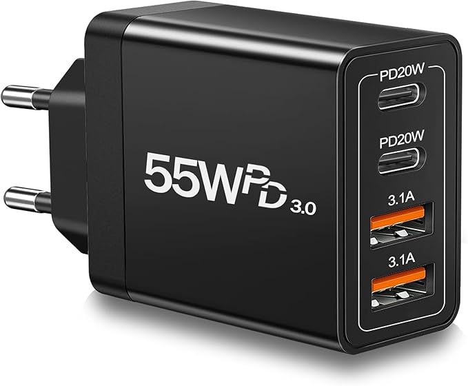 European USB C Charger, 55W European Travel Plug Adapter 4-Port USB C Fast Charging Block US to Europe Plug Adapter Type C Power Adaptor for iPhone 17 16 15 14 13 12 11 Pro Max X 8, Galaxy, Android