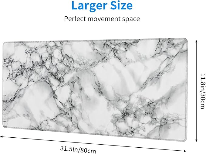 Black and White Marble XL Large Mouse Pad with Stitched Edges Long Non-Slip Rubber Base Mousepad Laptop Keyboard Mat Desk Pad for Office Home Desk Decor, 31.5" X 11.8"