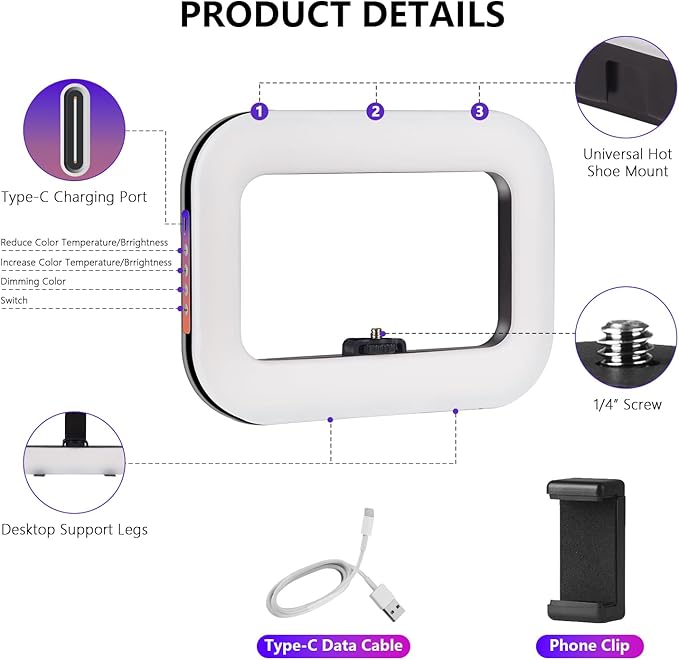 Rechargeable Portable RGB Ring Light for Phone, LED Smartphone Light, Phone Video Stabilizer, RGB Square Ring Light for Photography, Video Recording, Live Stream