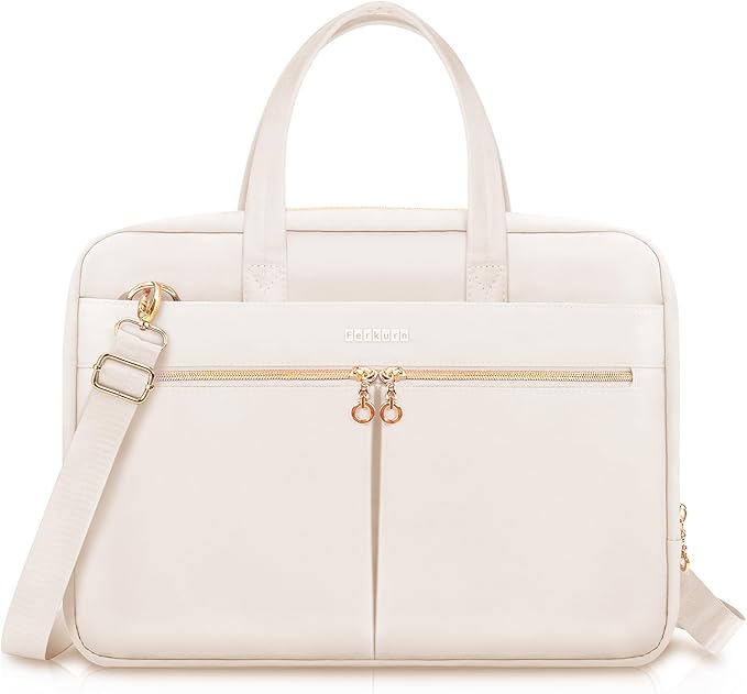 Ferkurn Laptop Bag Case Women Men Computer Bag Compatible with MacBook/HP/LG/Dell, Shoulder Strap Slim Carrying Messenger Briefcase, Beige, 15.6-16 Inch