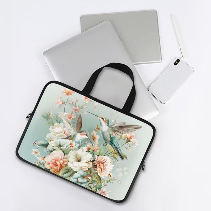 Hummingbird 13 Inch Laptop Sleeve for Women Protective Case Cover Compatible with 10-17 inch Chromebook, Notebook, Briefcase, Spring Floral Waterproof Computer Cases Bag with Handle