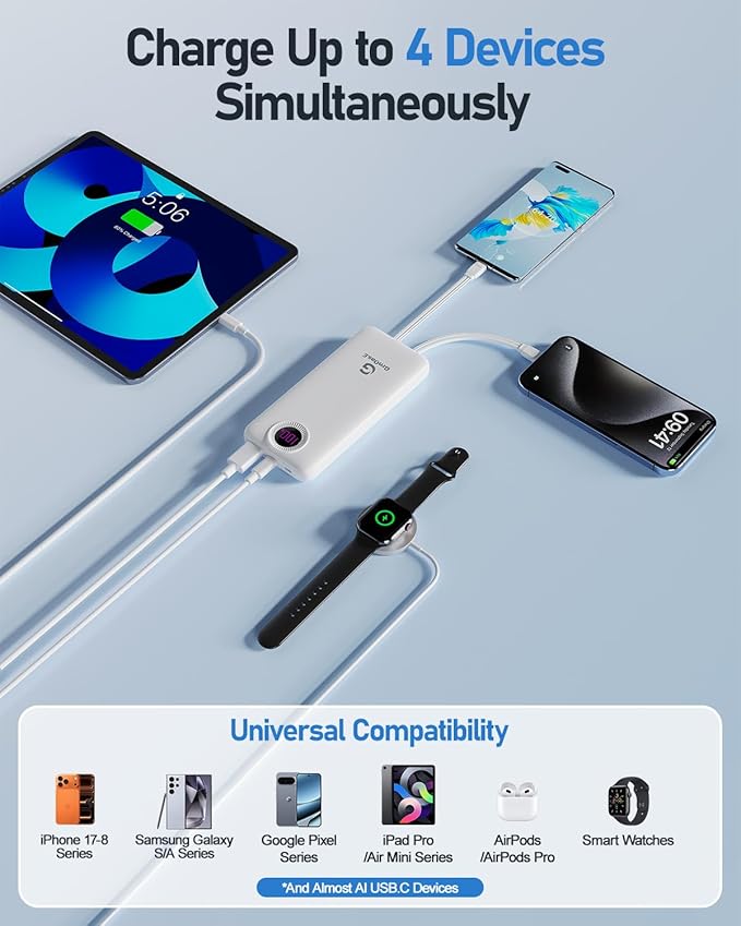 Portable Charger with Built in Cables，10000mAh 22.5W Max High-Speed Charging Power Bank with 4 Outputs 2 Inputs,External Travel Battery Pack for iPhones Android,iPad (Pearl White)
