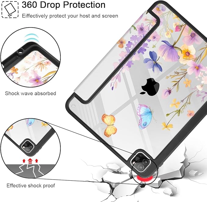Tuiklol for iPad Pro 11 Inch 4th / 3rd / 2nd / 1st Gen (2022 2021 2020 2018) Case -Built-in Pencil Holder Shockproof Cover Clear Transparent Back Shell with Auto Wake/Sleep, Purple Flower