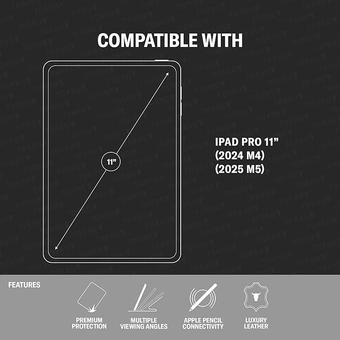 TORRO Case Compatible with iPad Pro 11” M5 / M4 (2025/2024) – Premium Leather iPad Pro 11” 2025/2024 Case with Stand Function, Apple Pencil Connectivity and Wake/Sleep Function (Black)