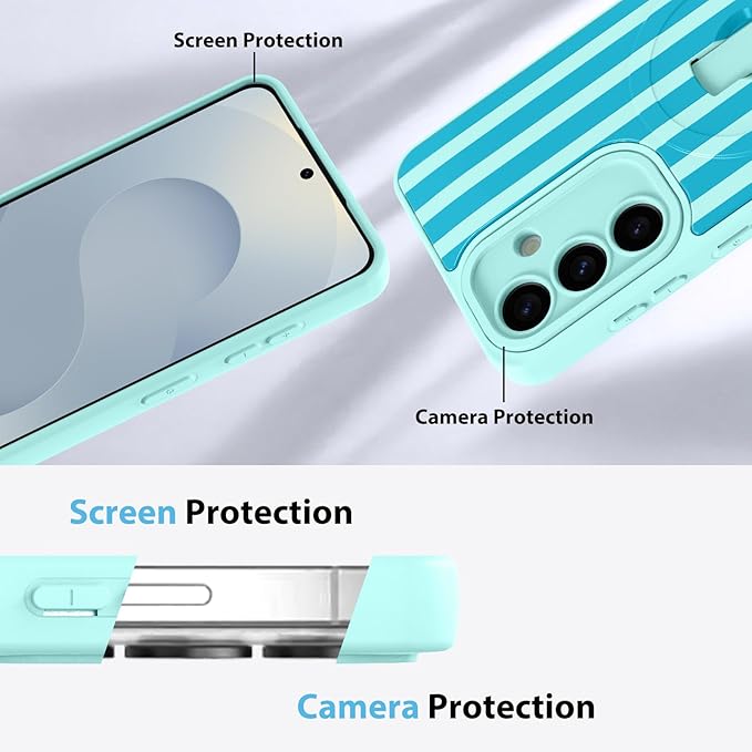 KANGHAR Compatible with Samsung Galaxy S25 Case, Support for MagSafe, Silicone Stripes Cute Pattern, Wristband Kickstand Camera Protection Soft Slim Cover for Girls Women -Blue