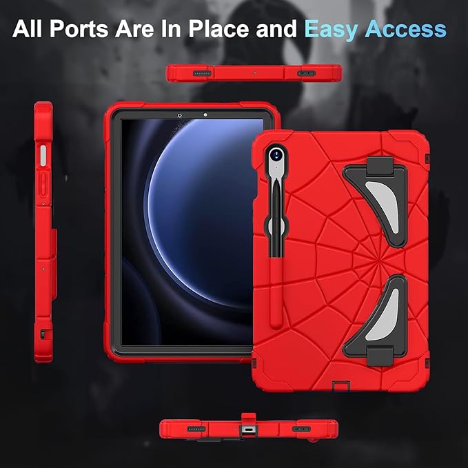 for Samsung Galaxy Tab S10 Lite 5G/ S10 FE/ S9 FE/ S9/ S8/ S7 Case (10.9''/11''), Shockproof Drop Protective Cute Cover for Kids Boys w/Pencil Holder Stand Carrying Shoulder Strap, Red Black