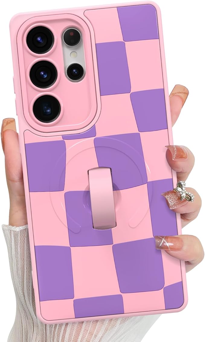 KANGHAR Compatible with Samsung Galaxy S25 Ultra Case, Support for MagSafe, Silicone Checkered Cute Pattern, Wristband Kickstand Camera Protection Soft Slim Cover for Girls Women -Pink