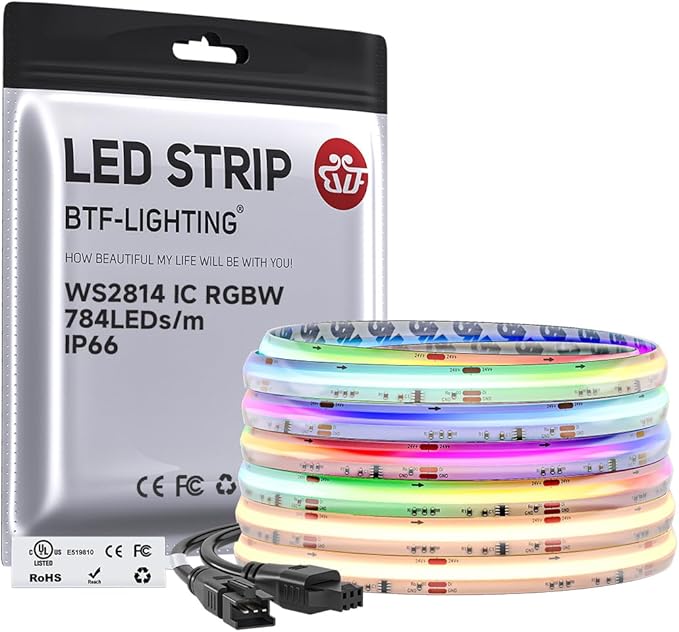 BTF-LIGHTING FCOB COB LED Strip Light IP66, WS2814 Smart IC RGBW 3000K Color Chasing Light, UL Listed DC24V 16.4FT 784LEDs/m High Density 10mm Width for Home Party DIY Decor(No Adapter or Controller)