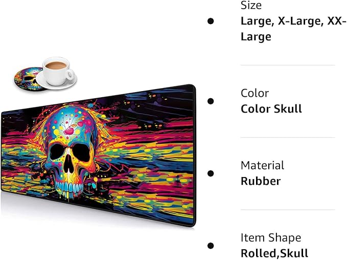 Desk Pad Mat Gaming Mouse Pads with Coasters Set, Stitched Edges Design Mouse Pad XXL Large Mouse Pad for Laptop Computers Color Skull Desk Writing Mat for Office & Home 31.5x 11.8