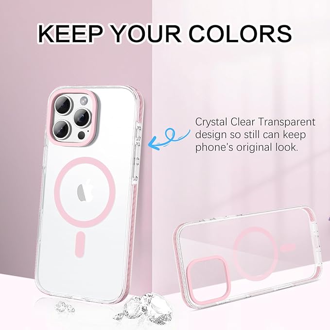 BENTOBEN Magnetic for iPhone 16 Pro Max Case 6.9", Compatible with Magsafe Military Shockproof Protective Bumper Cute Transparent Slim Anti-Yellowing Phone Case for iPhone 16 ProMax Cover, Clear Pink