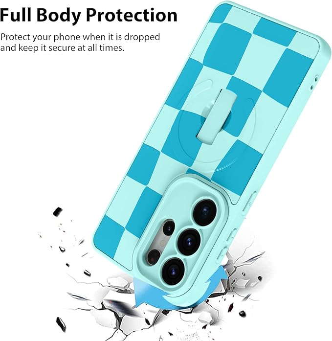 KANGHAR Compatible with Samsung Galaxy S26 Ultra Case, Support for MagSafe, Silicone Checkered Cute Pattern, Wristband Kickstand Camera Protection Soft Slim Cover for Girls Women -Blue