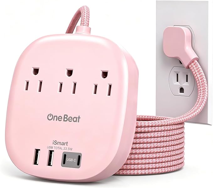 Cruise Ship Travel Essentials, 22.5W/4.5A Flat Plug Power Strip, 6Ft Extension Cord, 3 Outlets 4 USB Ports (2 USB C) Cruise Approved Power Strip No Surge Protection, Desktop Charging Station, Pink