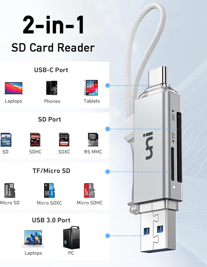 SD Card Reader, uni High-Speed USB C to Micro SD Card Adapter USB 3.0 Dual Slots, Memory Card Reader for SD/Micro SD/SDHC/SDXC/MMC, Compatible with MacBook Pro/Air, Chromebook, Android Galaxy - Silver
