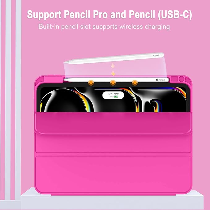 ZryXal New iPad Pro 13 Inch Case (M5) 2025 / (M4) 2024 with Pencil Holder, Smart iPad Case [Support Pencil Pro and Pencil (USB-C)], Support Touch ID and Auto Wake/Sleep (New Rose Red)