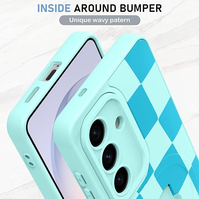 KANGHAR Compatible with Samsung Galaxy S26 Case, Support for MagSafe, Silicone Checkered Cute Pattern, Wristband Kickstand Camera Protection Soft Slim Cover for Girls Women -Blue