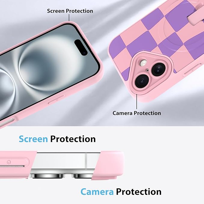 KANGHAR Compatible with iPhone 16 Case, Support for MagSafe, Silicone Checkered Cute Pattern, Wristband Kickstand Camera Protection Soft Slim Cover for Girls Women -Pink