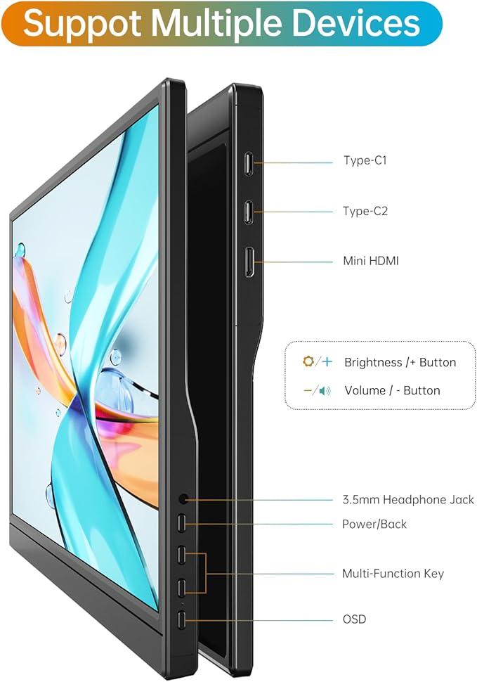 Portable Monitor 15.6 Inch 1080P USB-C HDMI Ultra-Slim Travel Monitor with Kickstand, Compatible with Xbox, Laptop, PC, Mac Phone, PS, Swich IPS Ultra-Thin Zero Frame Gaming Monitor