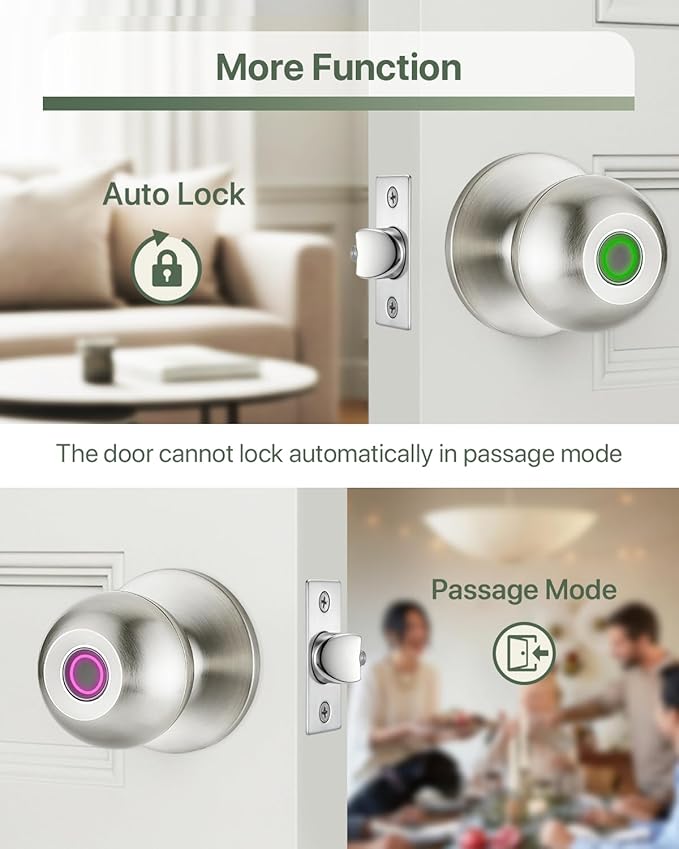 Fingerprint Door Knob, Biometric Door Lock with Auto Lock, Passage Mode, Rechargeable Battery, Thumbprint Entry Door Knob for Bedroom, Office, Apartment & Front Door