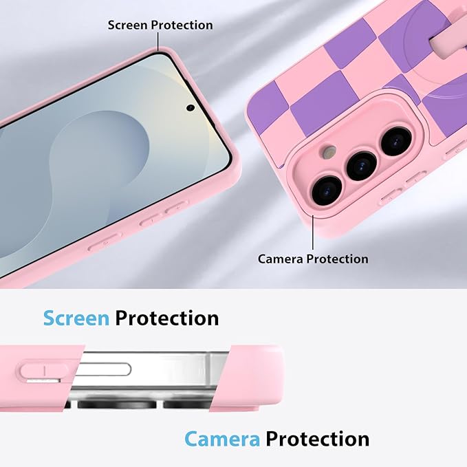 KANGHAR Compatible with Samsung Galaxy S25 Case, Support for MagSafe, Silicone Checkered Cute Pattern, Wristband Kickstand Camera Protection Soft Slim Cover for Girls Women -Pink
