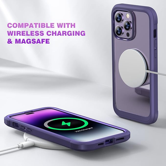 Diaclara Designed for iPhone 14 Pro Case 6.1’’, Full Body Rugged Protective Case+ Camera Lens Protector w/Built-in Touch Sensitive Anti-Scratch Screen Protector, Bumper (Royal Purple)
