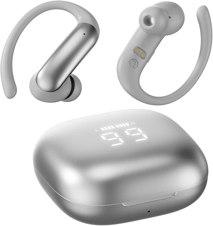 Wireless Ear Buds with Ear Hooks Bluetooth 6.0 Headphones,48H Playtime,Over Ear Buds with LED Power Display,IPX6 Waterproof for Sport Workout Running (Silvery)