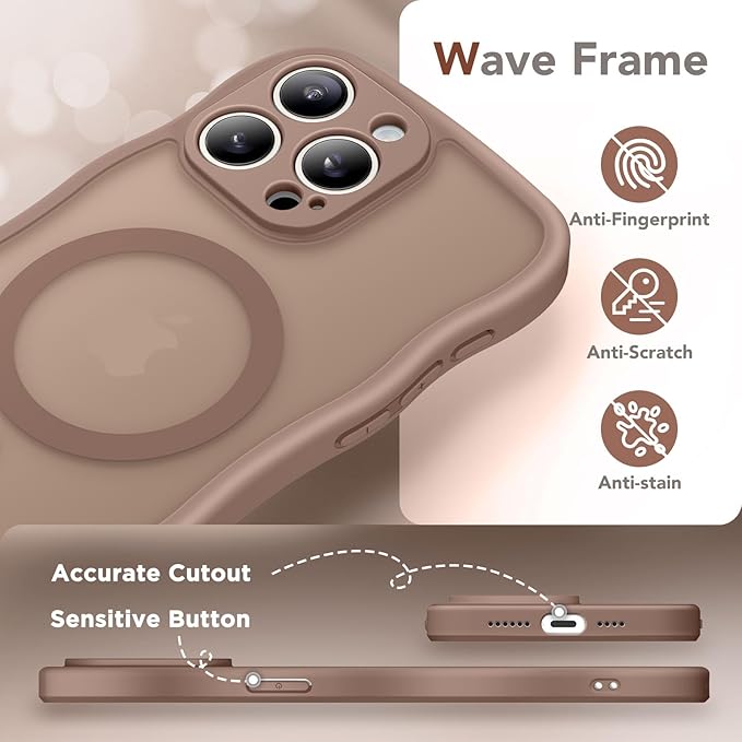 CAPRARO Cute for iPhone 15 Pro Max Case, Compatible with MagSafe, [Curly Wave Edge] [Full Camera Protection] [14 FT Drop Protection] Magnetic Phone Case for 15 Pro Max 6.7 Inch, Brown