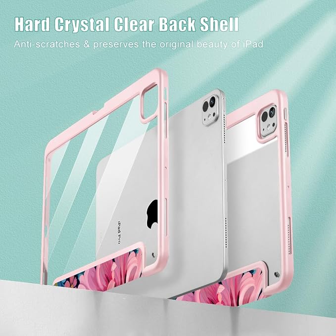 May Chen for iPad Pro 13 Inch Case M5 2025 / M4 2024, Built Pencil Holder & Clear Transparent Print Back Shell Slim Stand Shockproof Tablet Cover, Auto Wake/Sleep, Flowers Painting