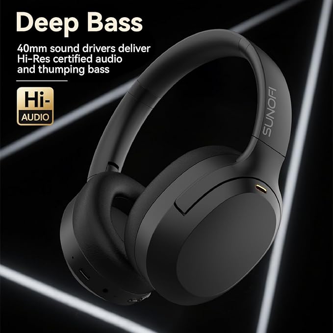 Hybrid Active Noise Cancelling Headphones, Wireless Over Ear Bluetooth Headphones with Mic, 60H Playtime, Hi-Res Audio, Deep Bass, Foldable Comfort Fit Ear Cups for Travel, Office, Home (Black)