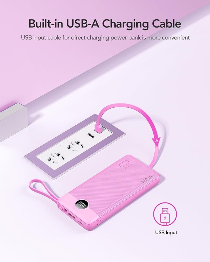 VRURC Power Bank for iPhone, Compact Portable Charger Built in Cables, 10000mAh Flight-Safe Battery Pack,5 Output USB C External Phone Charger for iPhone 17 Pro 17 16 15 14 13,Samsung-Purple(1 Pack)
