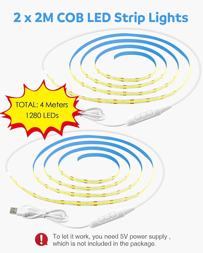 Aclorol COB LED Strip Light 5V USB 6.56FT/2M 640LEDs Dimmable LED TV Backlights Warm White 3000K with 8mm Width Cuttable for Display Cabinet Living Room Entertainment DIY Lighting Decoration (2 Pack)