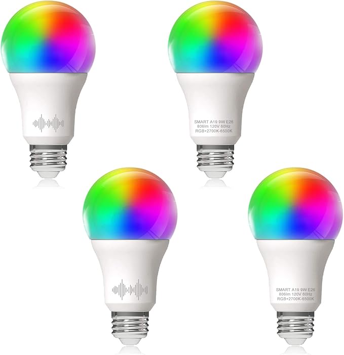 Helloify A19 LED Smart, WiFi Light Bulb Compatible with Alexa Google Home, RGBCW Color Changing, Cool Warm White Dimmable, No Hub Required, 60W Equivalent, RGB+2700K-6500K, 4 Count (Pack of 1)