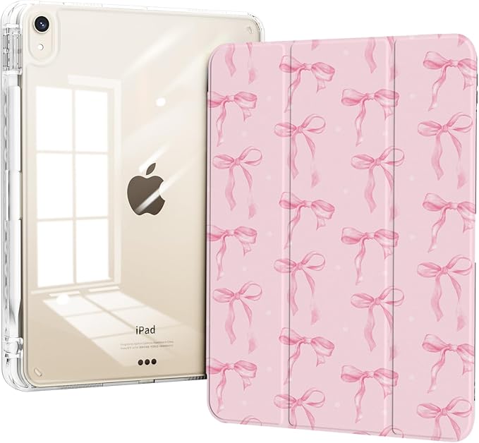 Case for iPad mini 7 2024 (A17 Pro)/ iPad mini 6 (2021), iPad 8.3-inch 7th/6th Generation Case, Trifold Stand Protective Slim Clear Back Cover with Pencil Holder, Pink Bows