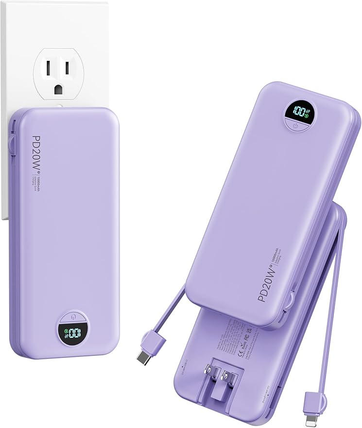 10000mAh Ultra-Portable-Charger-Power-Bank with Built in Cables&AC Wall Plug, PD20W USB-C Fast Charging Cell Phone Charger Battery Pack,LED Display Travel Battery Bank for All iPhone,Samsung,Android