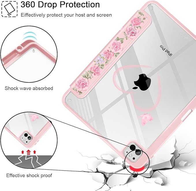 May Chen for iPad Pro 13 Inch Case M5 2025 / M4 2024, Built Pencil Holder & Clear Transparent Print Back Shell Slim Stand Shockproof Tablet Cover, Auto Wake/Sleep, Bow & Rose Flower