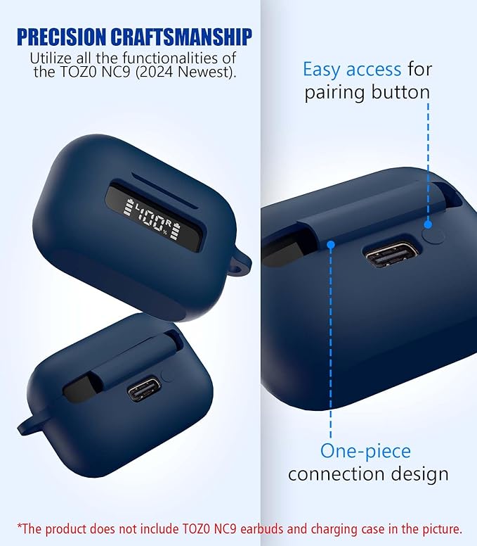 for TOZ0 NC9(2024) Case Cover, Silicone Protective Battery Display Visible Design Cover ONLY for TOZO NC9 Hybrid Active Noise Cancelling Wireless Earbuds 2024 Version with Carabiner-Blue
