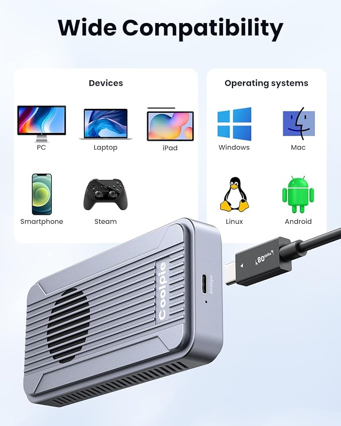 Coolpie 80Gbps M.2 NVMe Enclosure: Aluminum with Cooling Fan & Temp Control | Compatible with TB5/4/3, USB4 2.0 | Supports M&B+M Key NVMe SSD 2230-2280 Up to 8TB | for Mac M4 Pro, PC