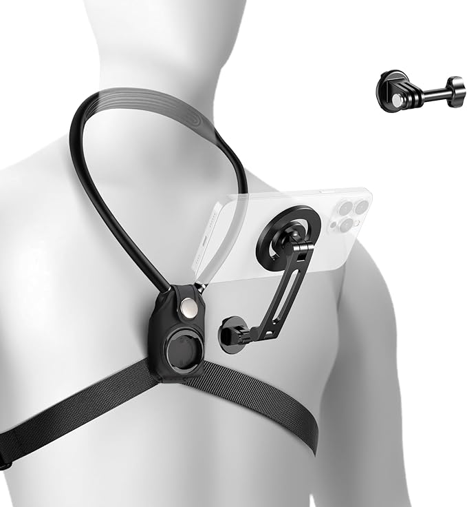 NEEWER Magnetic Neck Holder for Action Camera & Phone, Hands Free Neck Mount with Chest Strap Compatible with GoPro DJI Insta360 iPhone, Neck Phone Holder for POV Vlog Video Recording, GP26
