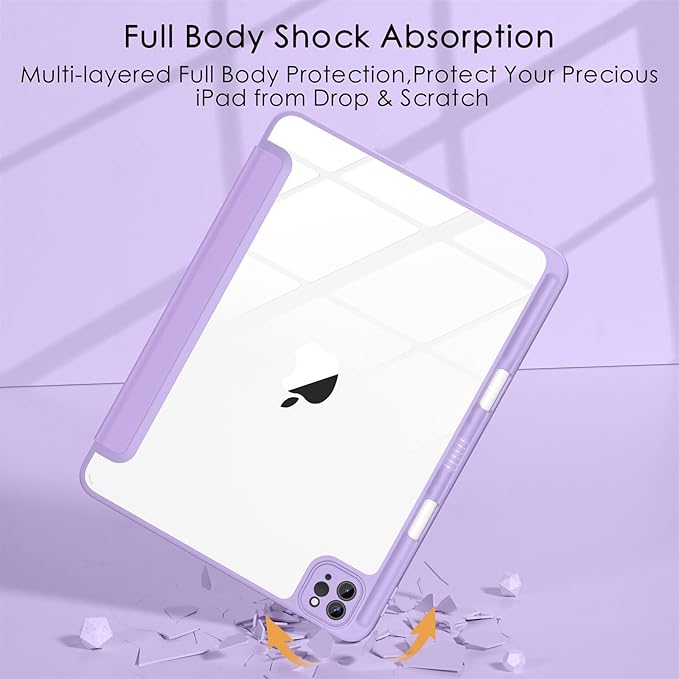 Soke Case for iPad Pro 12.9 Inch (6th/5th/4th/3rd Generation, 2022/2021/2020/2018) - Pencil Holder + Auto Sleep/Wake + Camera Protection, Transparent Shockproof Back Cover, Lavender Purple