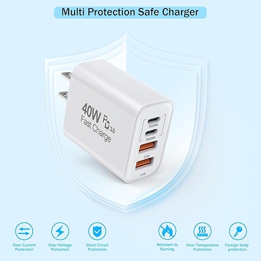 10Foot USB C-C Woven Fast Charging Cable,Apple 40W 4 Port USB C Wall Charger Block with 10FT Type C Charging Cable Cord PD&AC 40W Adapter for iPhone 17Air/17 Pro/16/16e/16 Pro Max/15/iPad Pro/Air/Mini