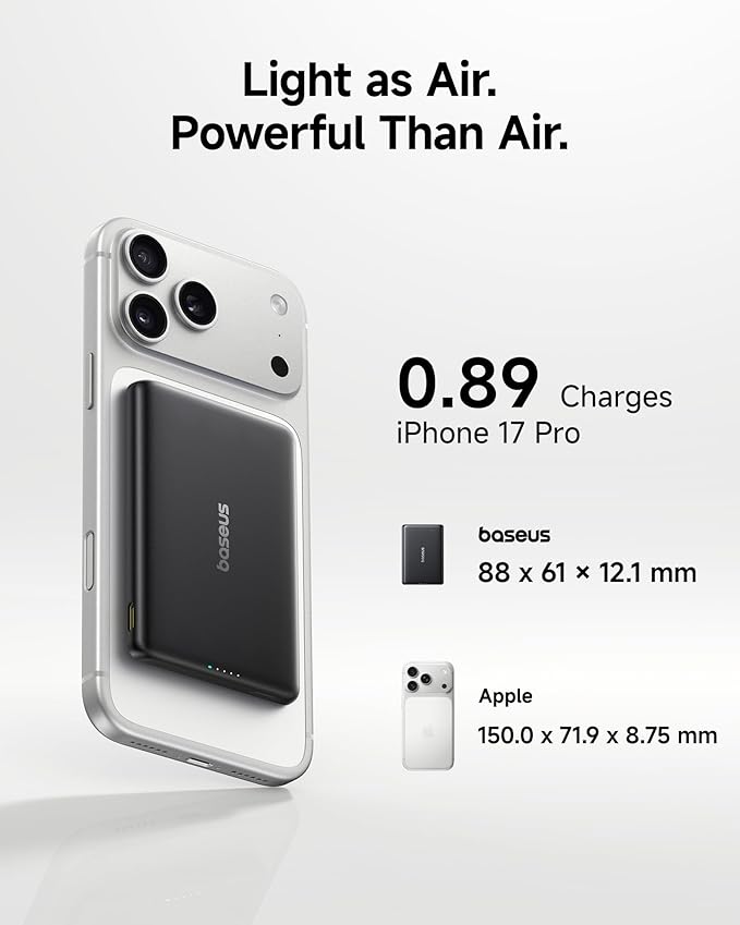 Baseus Picogo Power Bank, Smallest 5,000mAh Magnetic Wireless Charger with USB-C Braided Cable, Fast Charging Portable Battery Pack, NTC Safety Alloy Travel Essential for iPhone 7 Pro Max/17 Air/17e