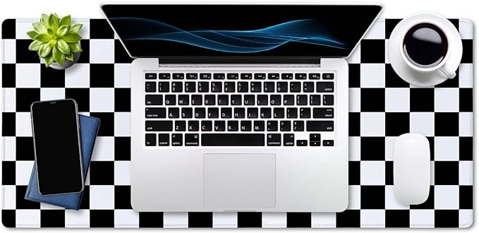 SSOIU Checkered Desk Mat Extended Gaming Mouse Pad (35.5x15.7 in), Large Stable Rubber Base Mousepad with Stitched Edges, Keyboard Mouse Mat Desk Pad for Work, Game, Office - Black White Checkerboard