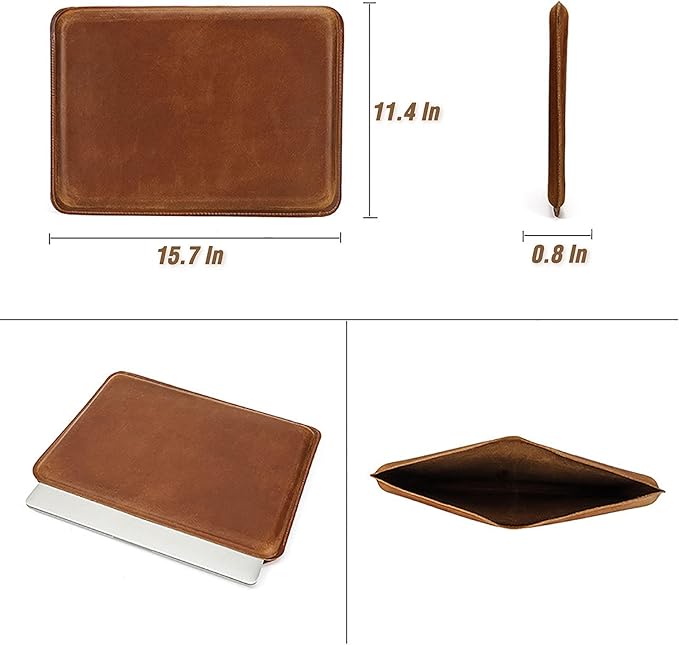 Top Grain Leather 16.2" Slim PC Sleeve Case, Solid Vintage Design, Handmade, Compatible with MacBook Pro 16.2" A2485 M1 Max 15" Touch Bar A2141 A1707 Pro 16" Touch ID A1990, Brown 16.2 Inch