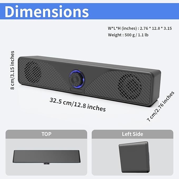Computer Speakers for Desktop Monitor, USB Powered Wired PC Soundbar with 3.5mm AUX, Plug & Play Speaker Bar with Volume Knob, Clear Sound for Laptop, PC, Home and Office, Black